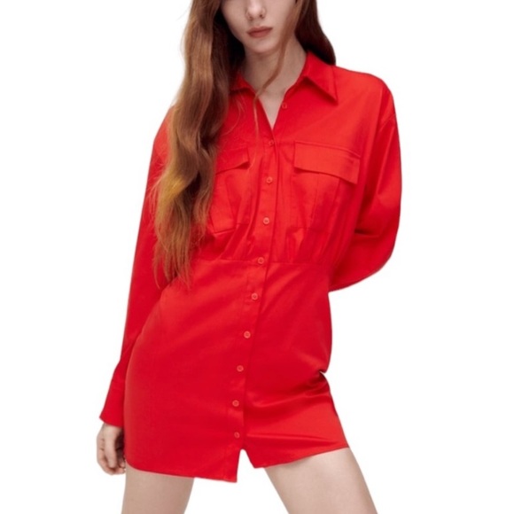 Zara Dresses & Skirts - New ZARA POPLIN SHIRT RED DRESS